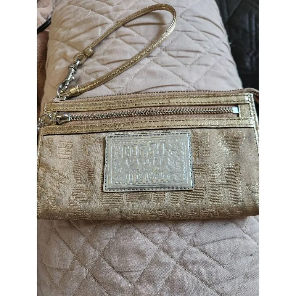 Coach Poppy Wristlet — Gold Silver and Khaki with lavender interior